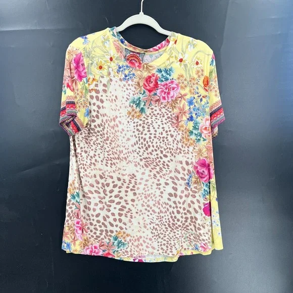 Johnny Was Wildflower Leopard Floral Swing Tee Boho Cottagecore Top Bamboo L - Picture 1 of 10